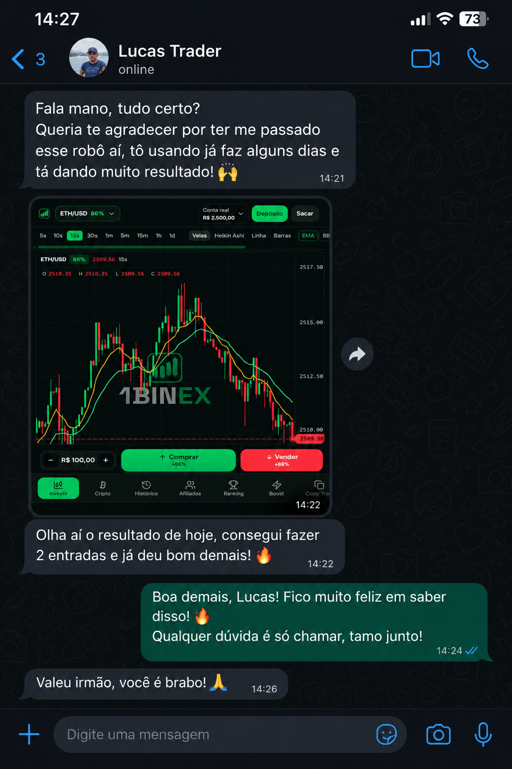 Conversa de cliente mostrando operações realizadas com o robô
