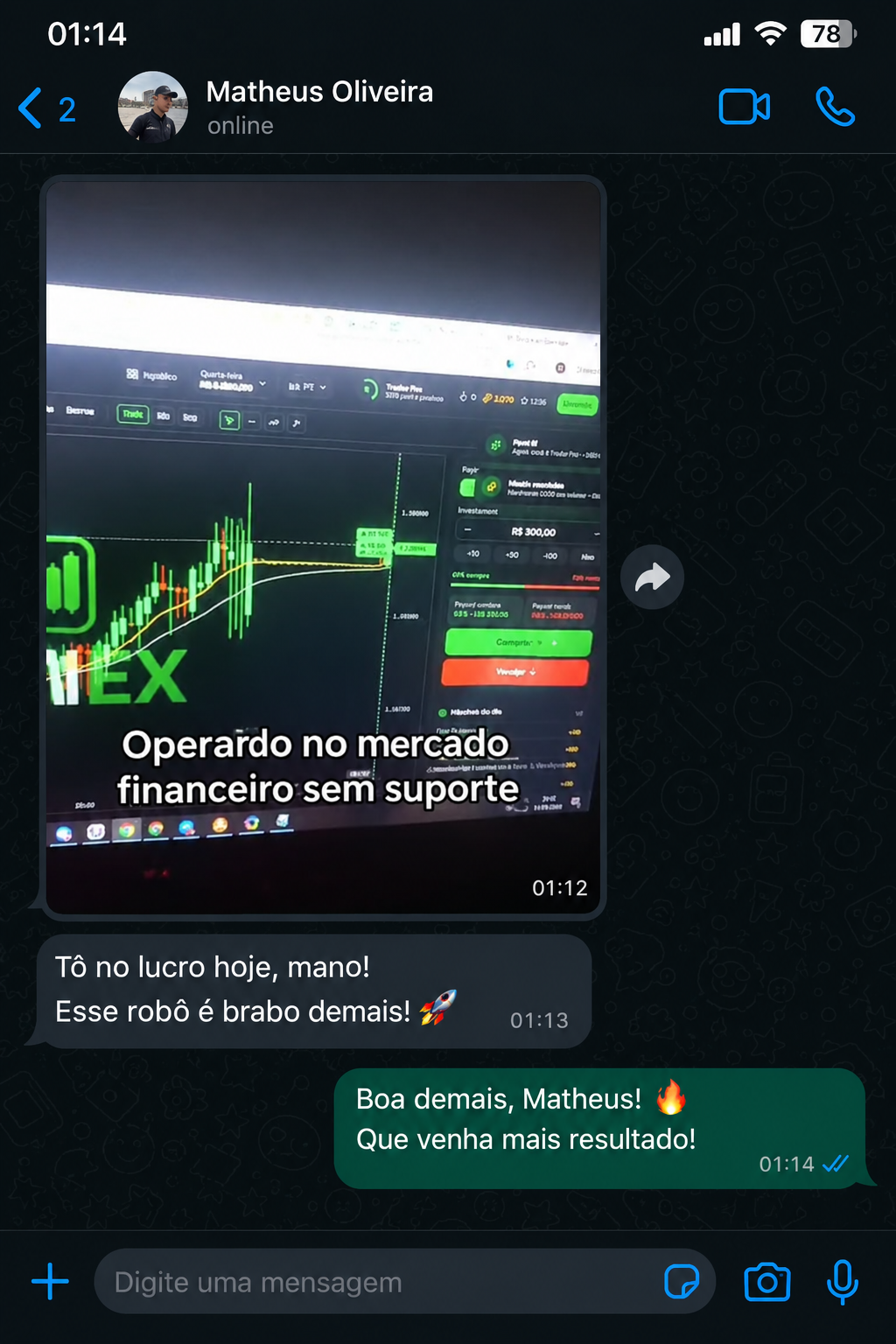 Conversa de cliente relatando resultado positivo com o robô