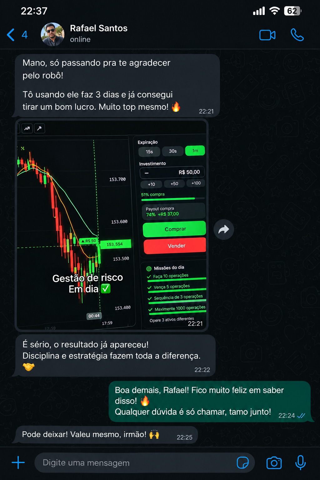 Conversa de cliente compartilhando sua experiência com o robô